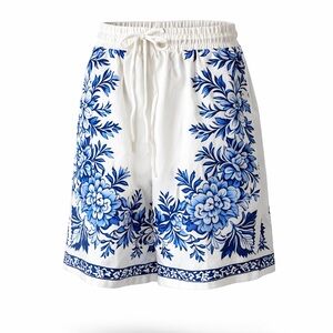 SHEIN Men's Large White & Blue Floral Drawstring Shorts Casual Beach Style NIB